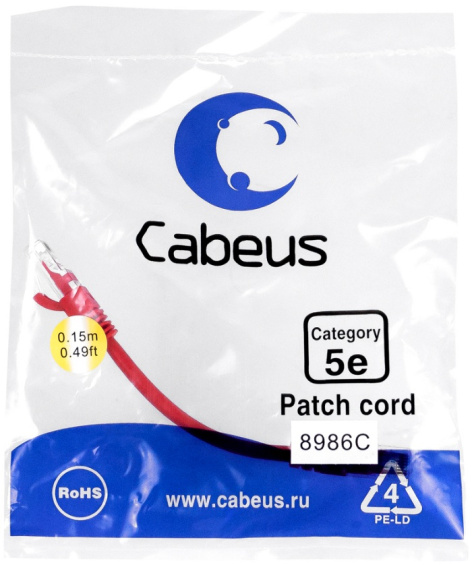 фото Кабель патч-корд U/UTP 5e кат. 0.15м Cabeus PC-UTP-RJ45-Cat.5e-0.15m-RD-LSZH в Смоленске