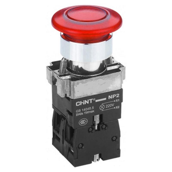 

Кнопка управления CHINT 575495 Грибок NP2-BW4462 d40мм 1НЗ IP40 с самовозвратом с подсветкой красн., 575495