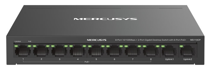 

Коммутатор неуправляемый Mercusys MS110CP 8-Port 10/100Mbps, 2-Port Gigabit with 8-Port PoE+, MS110CP