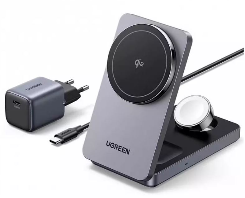 

Зарядное устройство беспроводное UGREEN W707 45025_ 3-в-1 Magnetic Qi2 для Apple Watch/ Iphone/Airpods. Цвет: серый, W707