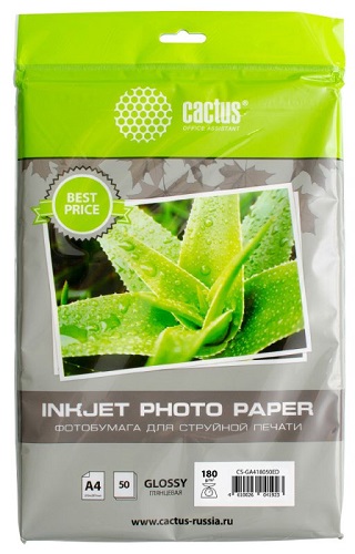 

Фотобумага Cactus CS-GA418050ED A4/180г/м2/50л./белый глянцевое для струйной печати, CS-GA418050ED