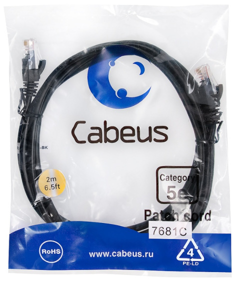 фото Кабель патч-корд U/UTP 5e кат. 2м Cabeus PC-UTP-RJ45-Cat.5e-2m-BK-LSZH в Краснодаре