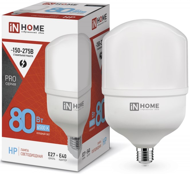 

Лампа светодиодная IN HOME 4690612031149 высокомощная LED-HP-PRO 80Вт цилиндр 6500К холодный, белый E27 7600лм 230В с адаптером, 4690612031149