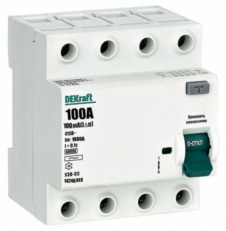 

УЗО DEKraft 14246DEK ВДТ 4P 100A 100мА тип AC 6кА, 14246DEK