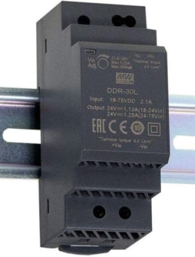 

Преобразователь DC-DC модульный Mean Well DDR-30L-12 Монтаж: на DIN рейку; P вых: 30 Вт, вход 18-75В, выход 12В/2.5А, DDR-30L-12