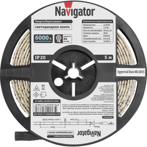 

Лента светодиодная Navigator NLS-5050СW30-7.2-IP20-12V 30LED/м, 7,2Вт, 12В DC, нарез. кр. 100мм, дневной белый 6000К, IP20, 5м. в ролле (71766), NLS-5050СW30-7.2-IP20-12V