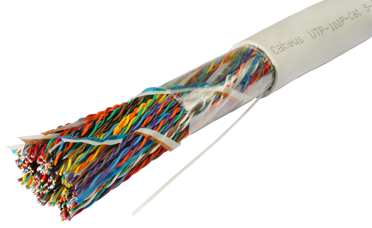 

Кабель витая пара U/UTP 5 кат. 100 пар Cabeus UTP-100P-Cat.5-IN 24AWG(0.50 мм), медь, одножильный (solid), внутренний, PVC, нг(A)-LS, серый, цена за м, UTP-100P-Cat.5-IN