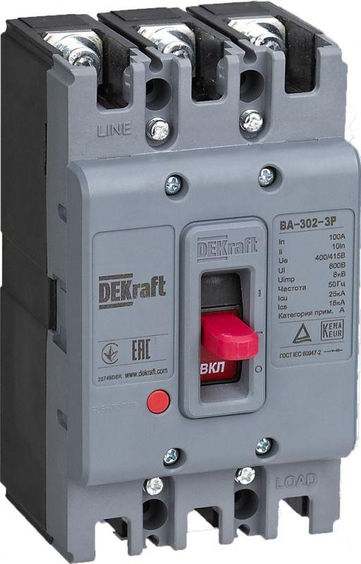 

Автоматический выключатель DEKraft 22749DEK cиловой 3P 100А 25кА ВА-302, 22749DEK