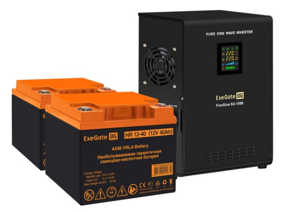 

Комплект Exegate FineSine SX-1500.LCD.AVR.2SH EX296567RUS ИБП EX295998RUS + батарея 40Aч EX282979RUS 2шт (инвертор, синус, для котла, настенный) 1500V, FineSine SX-1500.LCD.AVR.2SH
