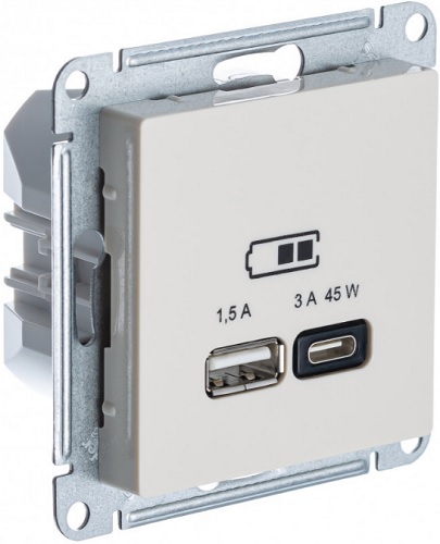 

Розетка USB Systeme Electric ATN000229 AtlasDesign A + тип-C 45Вт высокоскор.заряд. QC,PD, мех., Бежевый, ATN000229