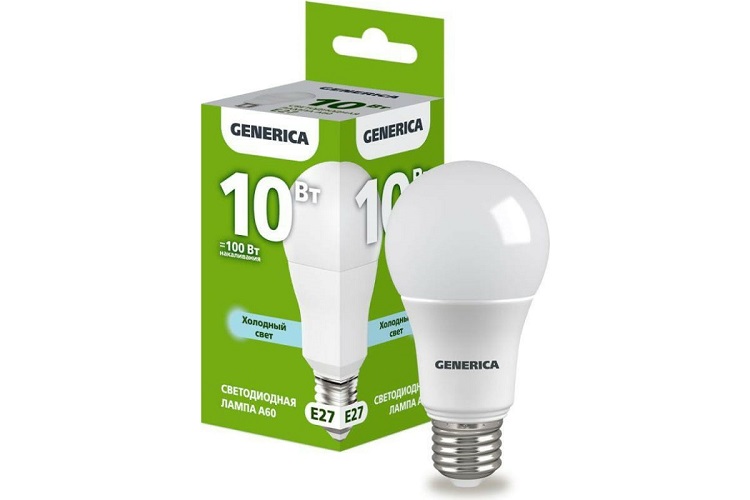 

Лампа светодиодная GENERICA LL-A60-10-230-65-E27-G A60 10Вт грушевидная 6500К E27 230В, LL-A60-10-230-65-E27-G