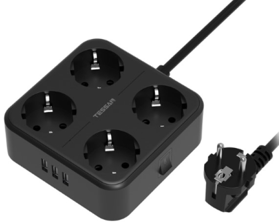 

Сетевой фильтр TESSAN TS-302 Black 4 евророзетки 220В и 3 USB и кн. питания, 2500Вт, до 10А, кабель, TS-302 Black