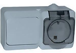 

Блок Schneider Electric BPA16-241C Этюд выключатель 1-клавишная + розетка с заземлением, со шторками, наружный, 250В, 2300 Вт, IP44 (серый), BPA16-241C