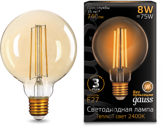

Лампа светодиодная Gauss 105802008 LED Filament G95 E27 8W Golden 740lm 2400К, 105802008