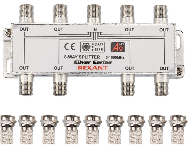 

Сплиттер Rexant 05-6105 ТВ х 8 + 9шт. F "BOX" 5-1000 МГц "Silver", 05-6105