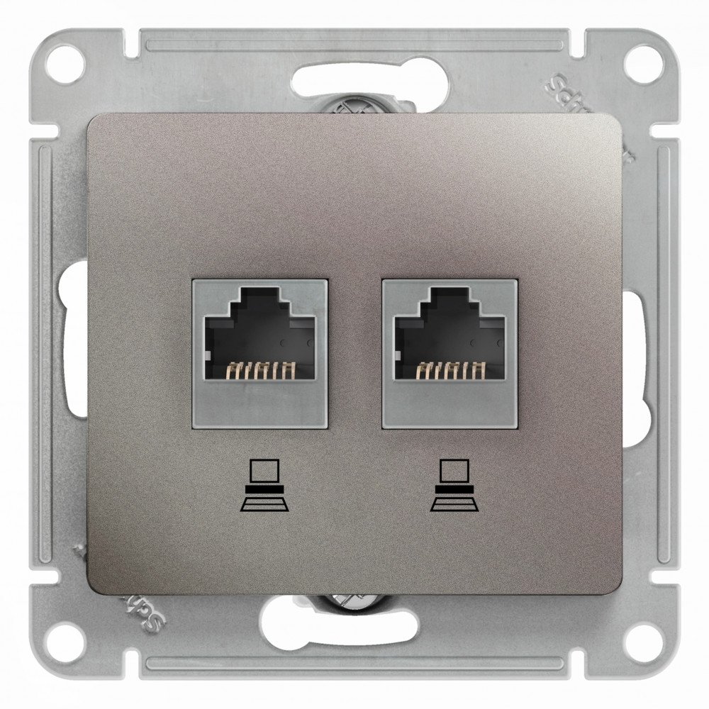 

Розетка компьютерная Systeme Electric GSL001285KK Glossa двойная RJ45+RJ45, кат.5Е, механизм, платина, GSL001285KK