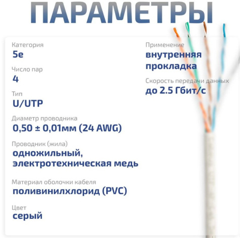 фото Кабель витая пара U/UTP 5e кат. 4 пары Cabeus UTP-4P-Cat.5e-SOLID-GY-25 в Воронеже