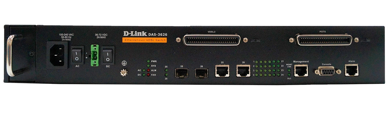 

Коммутатор D-link DAS-3626/A1A VDSL2 IP DSLAM с 24 VDSL-портами и 2 комбо-портами 1000BaseT/SFP, DAS-3626/A1A