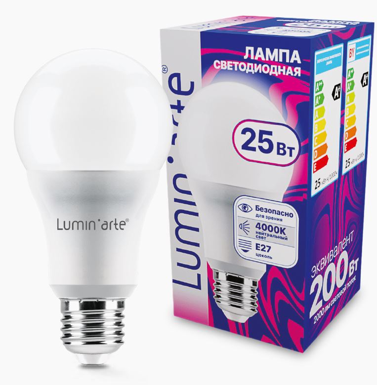 

Лампа Lumin'arte LSTD-A65-25W4KE27 25Вт 4000K E27, LSTD-A65-25W4KE27
