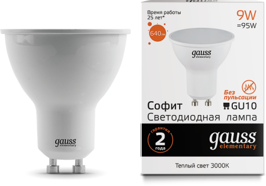

Лампа светодиодная Gauss 13619 LED Elementary MR16 GU10 9W 640lm 3000К, 13619