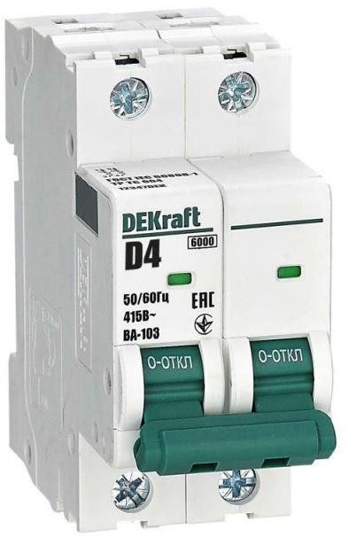 

Автоматический выключатель DEKraft 12347DEK 2Р 4А х-ка D ВА-103 6кА, 12347DEK