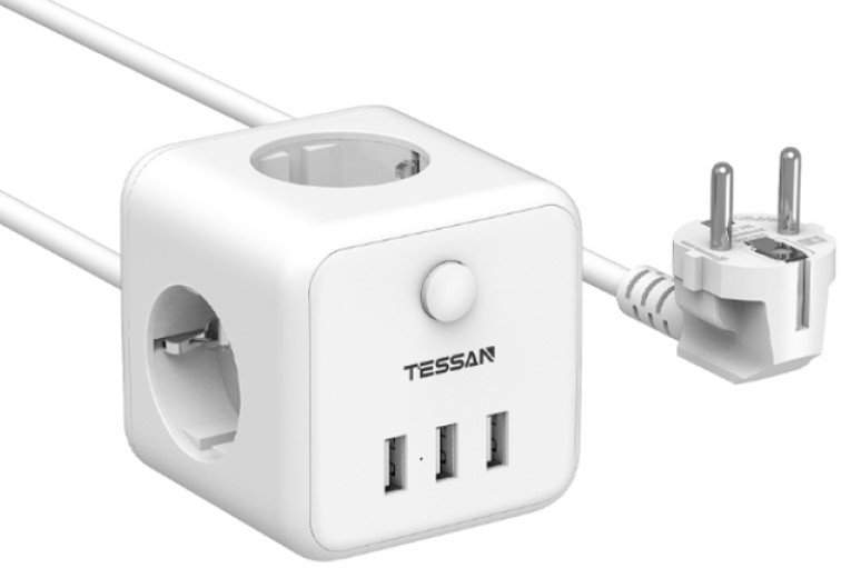 

Сетевой фильтр TESSAN TS-301 White 3 евророзетки 220В и 3 USB и кн. питания, 2500Вт, до 10А, кабель, TS-301 White