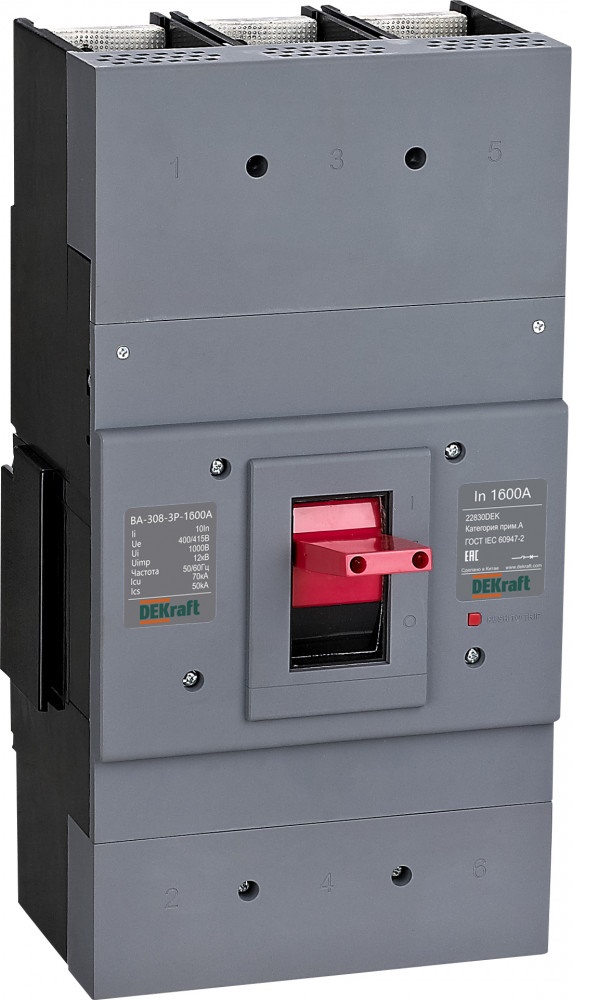 

Автоматический выключатель DEKraft 22832DEK cиловой 3P 1600А 70кА ВА-308, 22832DEK