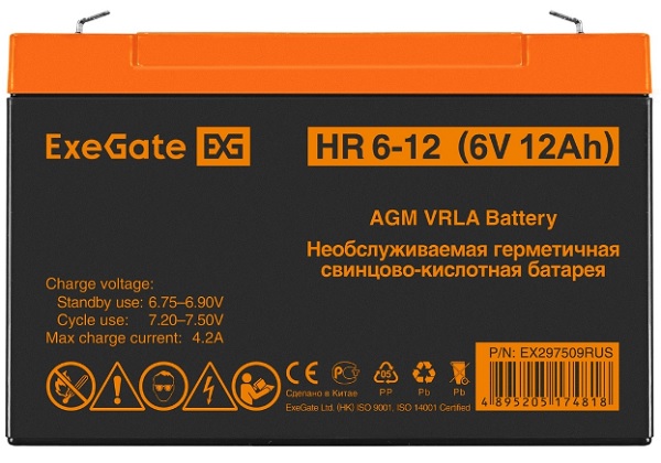 

Батарея Exegate HR 6-12 EX297509RUS (6V 12Ah, клеммы F2), HR 6-12