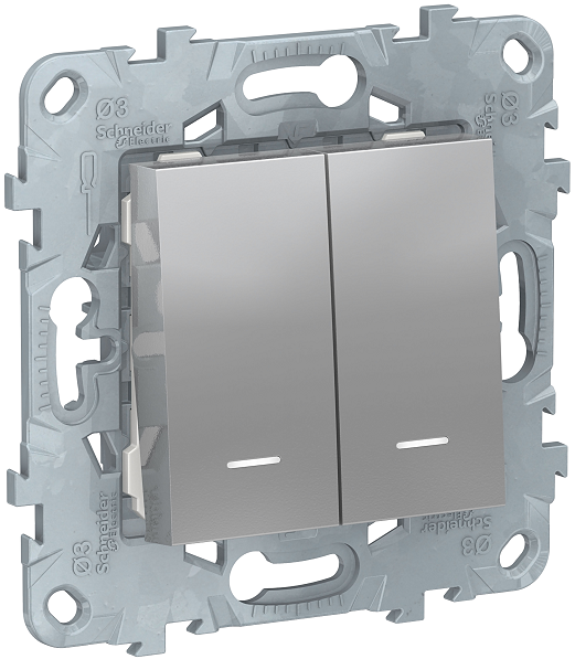 

Выключатель Schneider Electric NU521130N UnicaNew, алюминий, 2-клавишный, 2 модуля, с подсветкой, 2 х сх. 1а, NU521130N