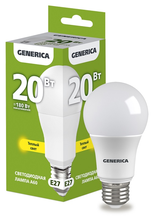 

Лампа светодиодная GENERICA LL-A60-20-230-30-E27-G A60 20Вт грушевидная 3000К E27 230В, LL-A60-20-230-30-E27-G