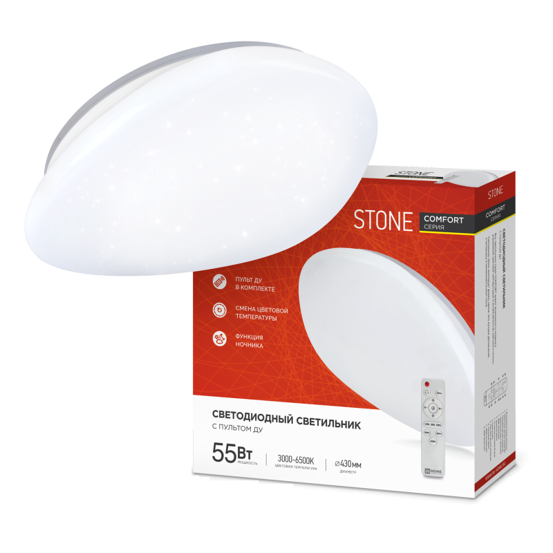 

Светильник светодиодный IN HOME 4690612034591 COMFORT STONE 55Вт 230В 3000-6500К 4400лм 450х90мм с пультом ДУ, 4690612034591
