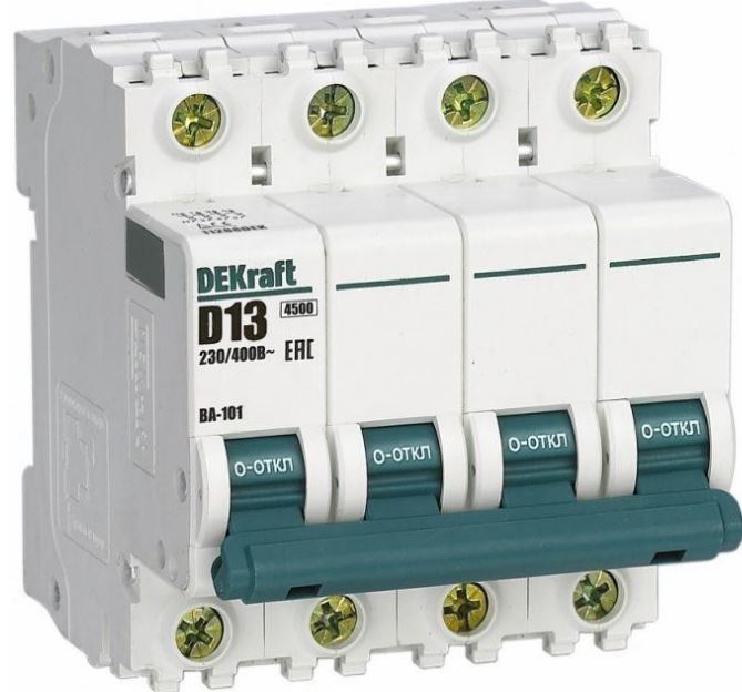 

Автоматический выключатель DEKraft 11288DEK 4Р 13А х-ка D ВА-101 4,5кА, 11288DEK