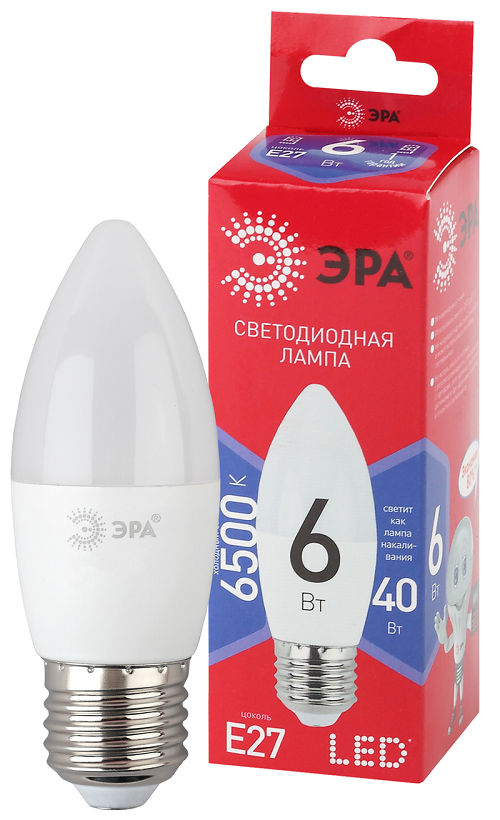 

Лампа светодиодная ЭРА Б0045340 LED B35-6W-865-E27 R (диод, свеча, 6Вт, хол, E27), Б0045340