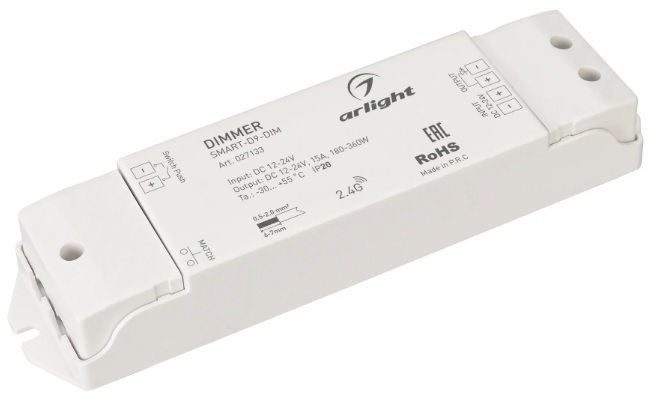 

Диммер Arlight SMART-D9-DIM 027133 (12-24V, 1x15A, 2.4G) IP20 пластик, SMART-D9-DIM
