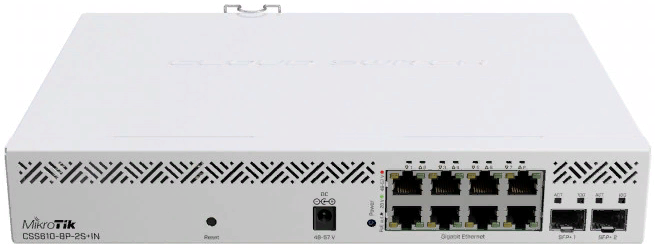 

Коммутатор Mikrotik CSS610-8P-2S+IN 8х1G RJ45, 2хSFP+, раздача PoE 140 Вт, SwitchOS Lite, CSS610-8P-2S+IN
