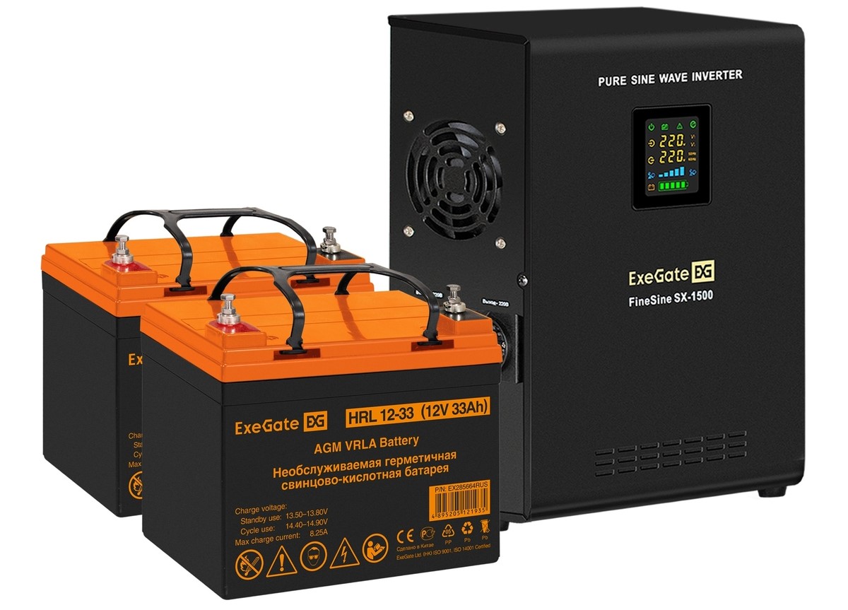 

Комплект Exegate FineSine SX-1500.LCD.AVR.2SH EX296568RUS ИБП EX295998RUS + батарея 45Aч EX285666RUS 2шт (инвертор, синус, для котла, настенный) 1500V, FineSine SX-1500.LCD.AVR.2SH