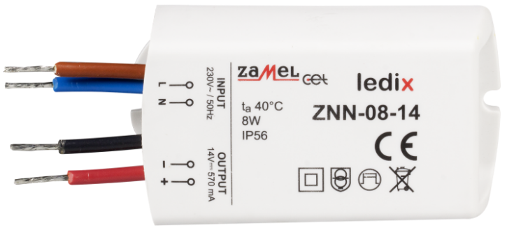 

Блок питания Zamel ZNN-08-14 LED 14V DC 8W на стенну, ZNN-08-14