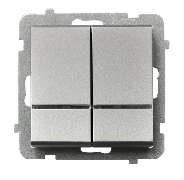 

Выключатель Ospel LP-2RS/m/38 для двух групп ламп, с подсветкой синего цвета, 16AX, 250V, 3520W, IP-20, клеммы безвинтовые, серебро матовое, LP-2RS/m/38