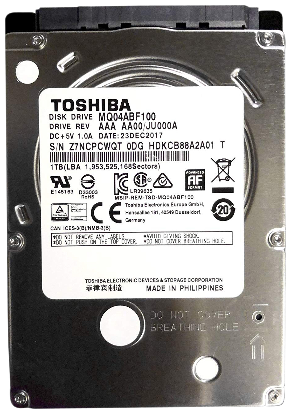 

Жесткий диск 1TB SATA 6Gb/s Toshiba (KIOXIA) MQ04ABF100 MQ04 2.5" 5400rpm 128MB, MQ04ABF100