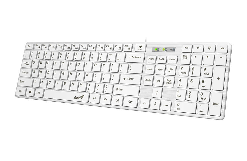 

Клавиатура проводная Genius SlimStar 126 31310017410 белая, мультимедийная, USB, 9 горячих кнопок, влагозащищенная, тонкие клавиши клавиши, кабель 1.5, SlimStar 126