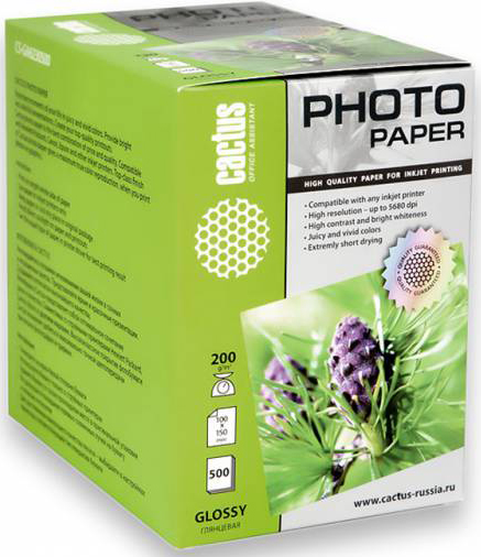 

Фотобумага Cactus CS-GA6200500 10x15/200г/м2/500л./белая, глянцевая для струйной печати, CS-GA6200500