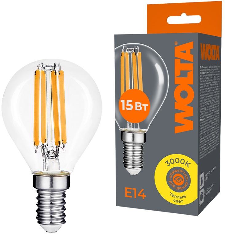 

Лампа светодиодная WOLTA WF-G45-15W3KE14 FILAMENT 15Вт 3000K E14, WF-G45-15W3KE14