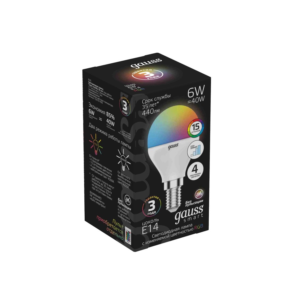 

Лампа светодиодная Gauss 105101406 Smart LED Шар G45 6W E14 RGBW+dim 1/10/100, 105101406