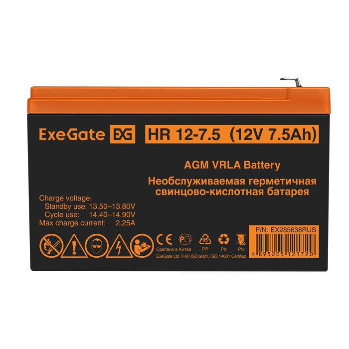 

Батарея Exegate HR 12-7.5 EX285638RUS (12V 7.5Ah 1228W, клеммы F2), HR 12-7.5