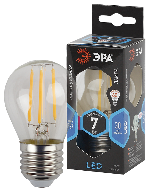 

Лампа светодиодная ЭРА Б0027949 F-LED P45-7W-840-E27 (филамент, шар, 7Вт, нейтр, E27), Б0027949