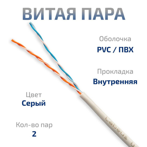 фото Кабель витая пара U/UTP 5 кат. 2 пары Cabeus UTP-2P-Cat.5e-SOLID-GY-100 в Омске