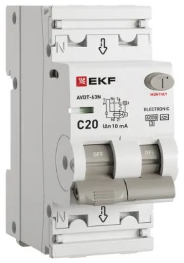 

Автомат дифференциальный EKF D63N26EA20C10 АВДТ-63N 1P+N 20А (C) 10мА (A) эл 6кА PROXIMA, D63N26EA20C10