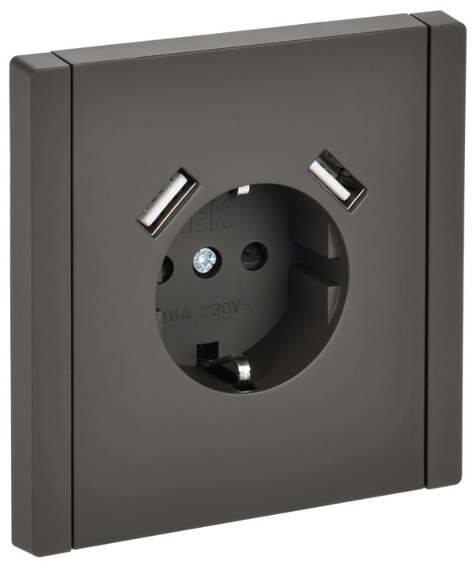 

Розетка с заземлением с 2 USB IEK FP-R14-16-U21-D31-K03 FORTE&PIANO с защитными шторками в/к 16А тип A+тип A 3,1А FP345 серый, FP-R14-16-U21-D31-K03