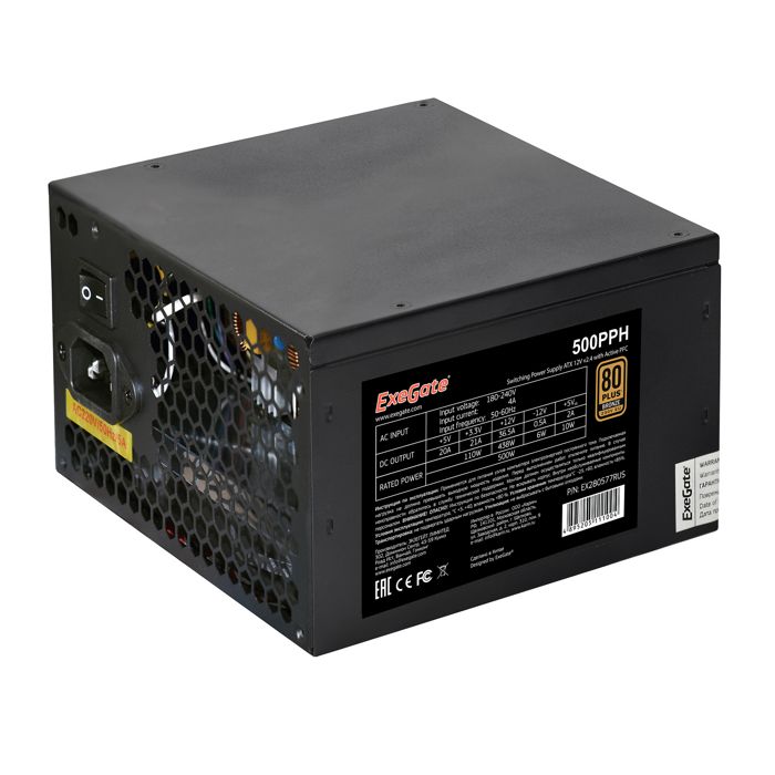 

Блок питания ATX Exegate 500PPH 500W, RTL, 80+Bronze, black, APFC, 12cm, 24p, (4+4)p, 5*SATA, 3*IDE, 500PPH