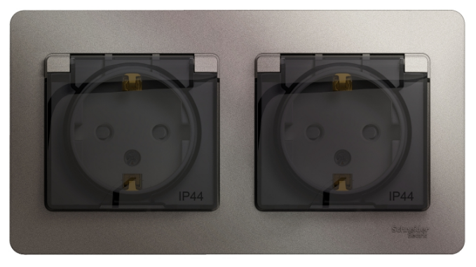 

Розетка Schneider Electric GSL001247 2-ая с/з, со шторками, в сборе, IP44 Glossa Платина, GSL001247